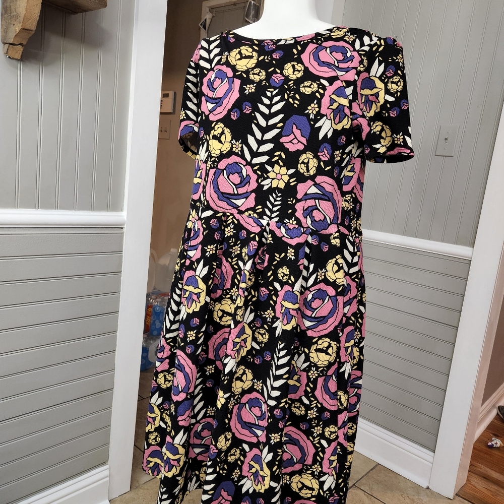 LULA ROE BLACK DRESS WITH BIG PINK  PURPLE AND YELLOW FLOWERS